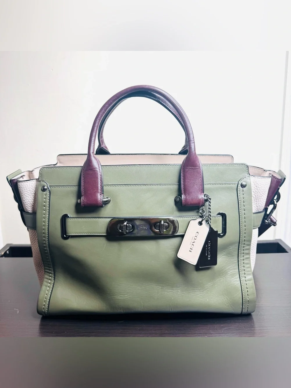 Coach Swagger  Colorblock Leather Satchel in Olive/Blush